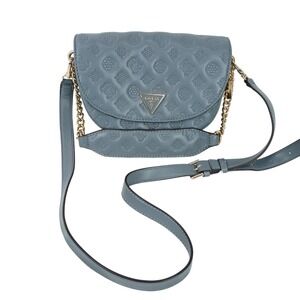 Guess Womens Small La Femme Blue Quilted Embossed Monogram Flap Crossbody Bag